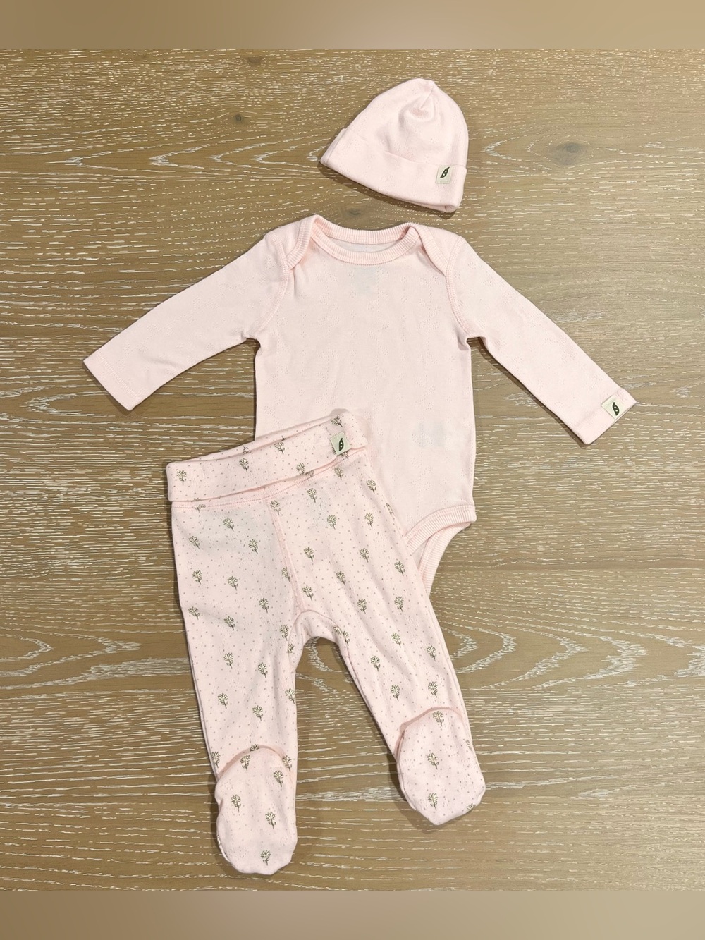 Easy Peasy Organic Cotton 3-Piece Baby Set Bodysuit Pant Hat Pink Floral Size 3M